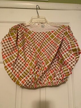 🪅10 for $30🪅 aerie olive coral white Plaid Puff-Sleeve top - size Small